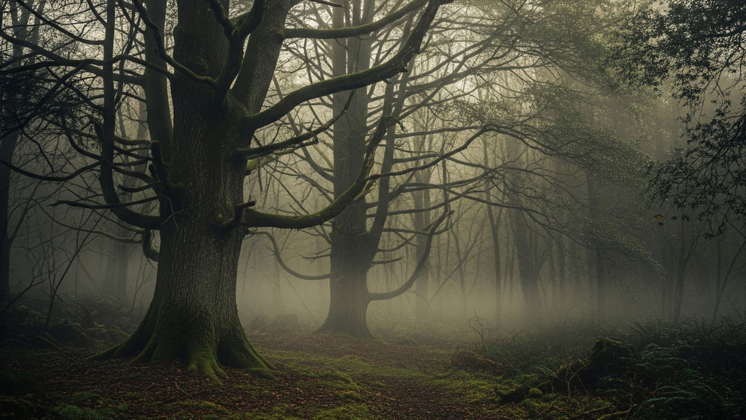 Forest with tall trees and a mossy green floor
