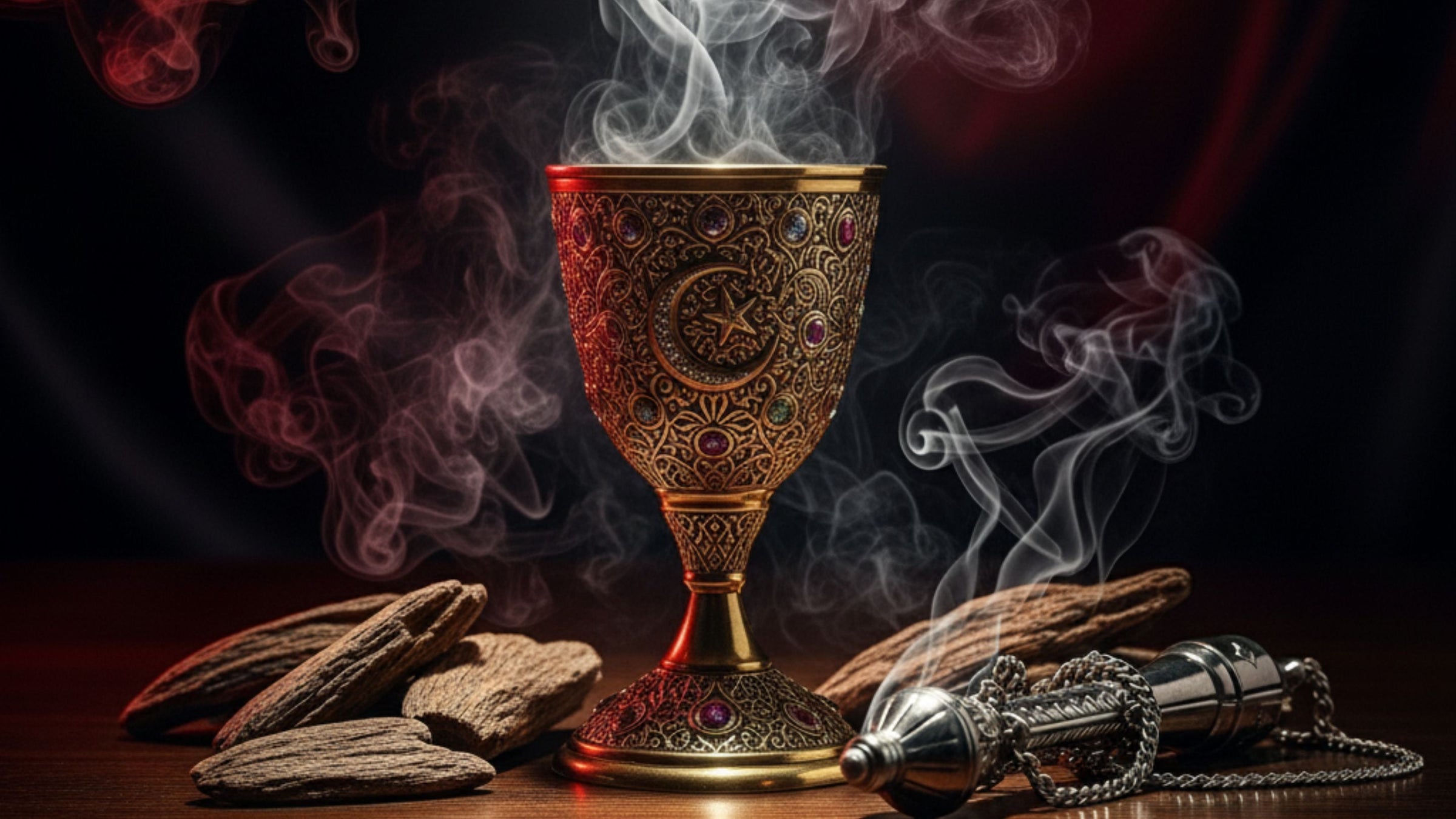 Smoky oud burning in a gold brazier