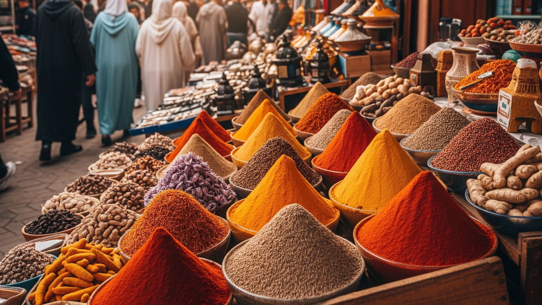 A Moroccan souk with baskets of spices