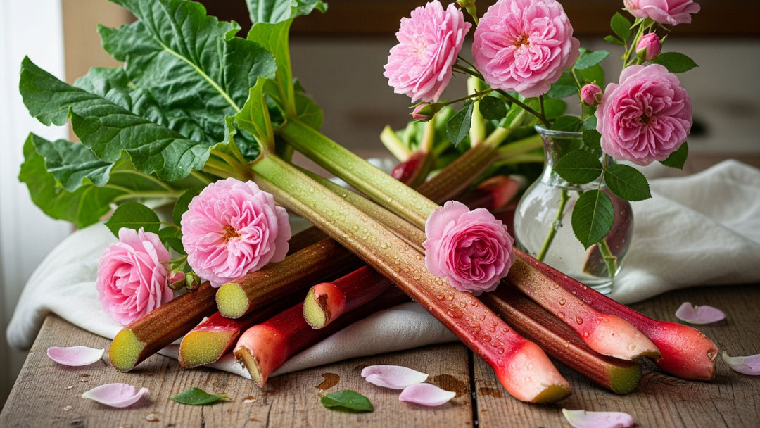 Close up of pink stems of rhubarb in the soil