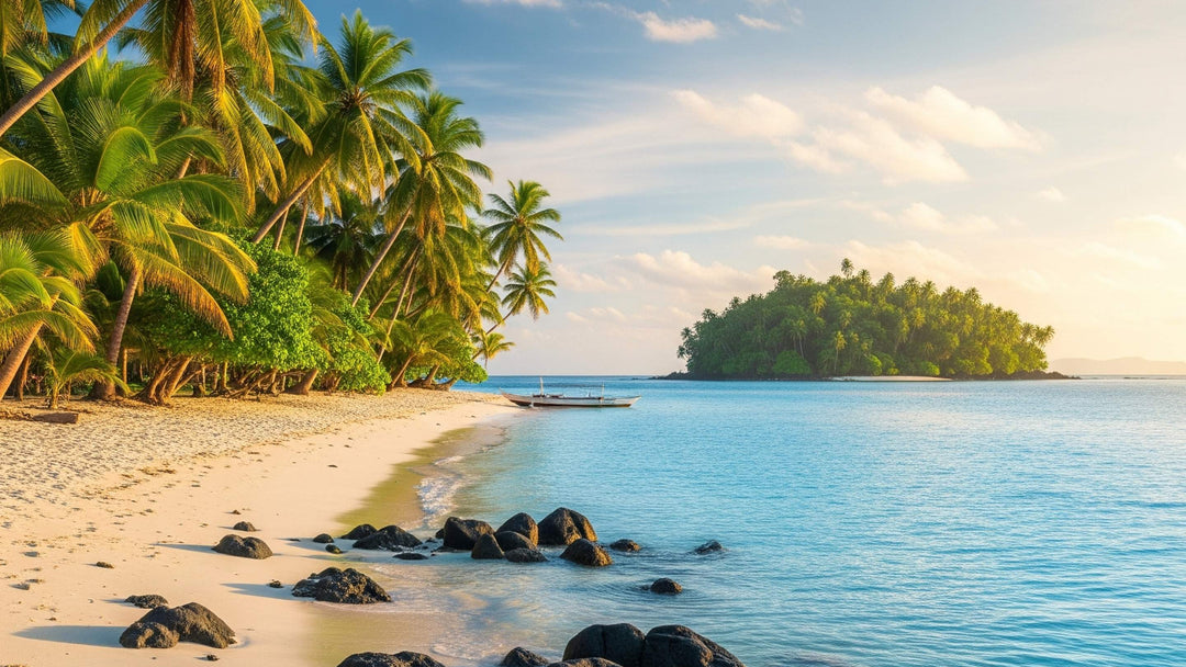 Beach with white sands and palm trees