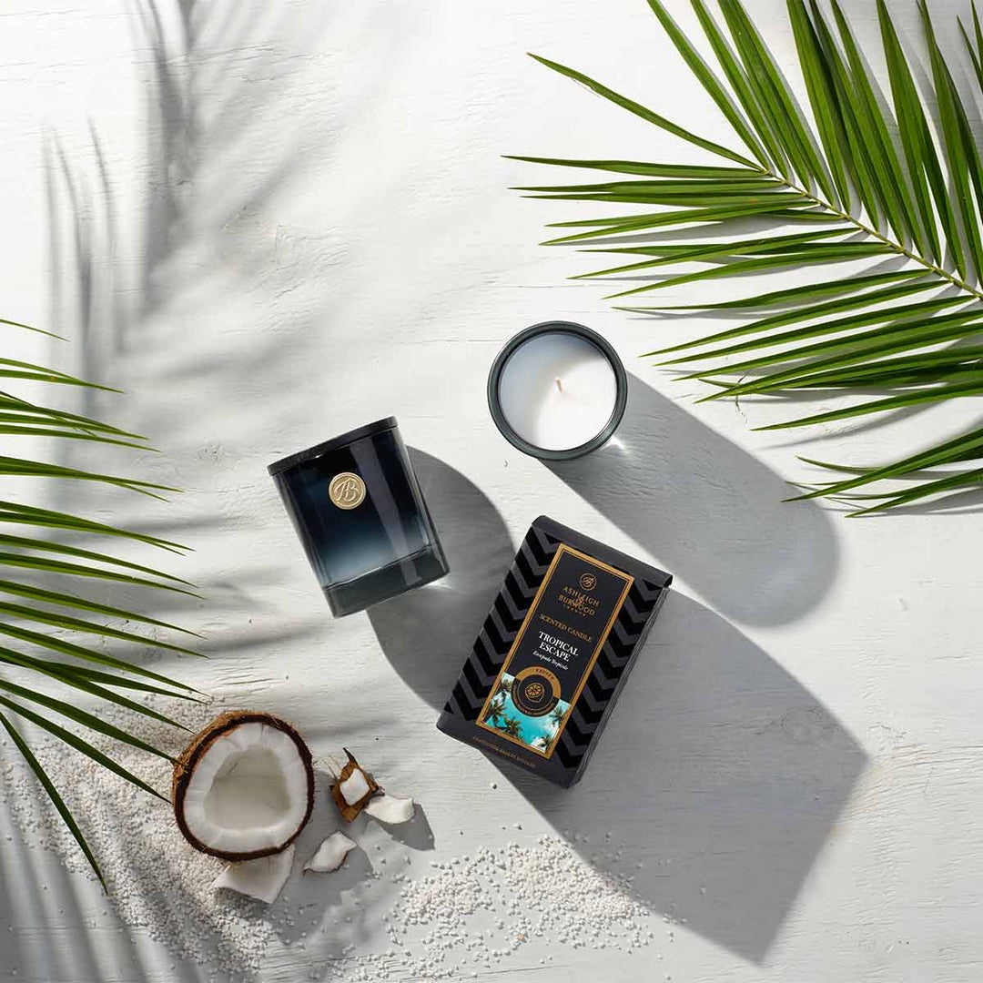 Tropical Escape Scented Candle on a wooden surface surrounded by coconut and palm ferns