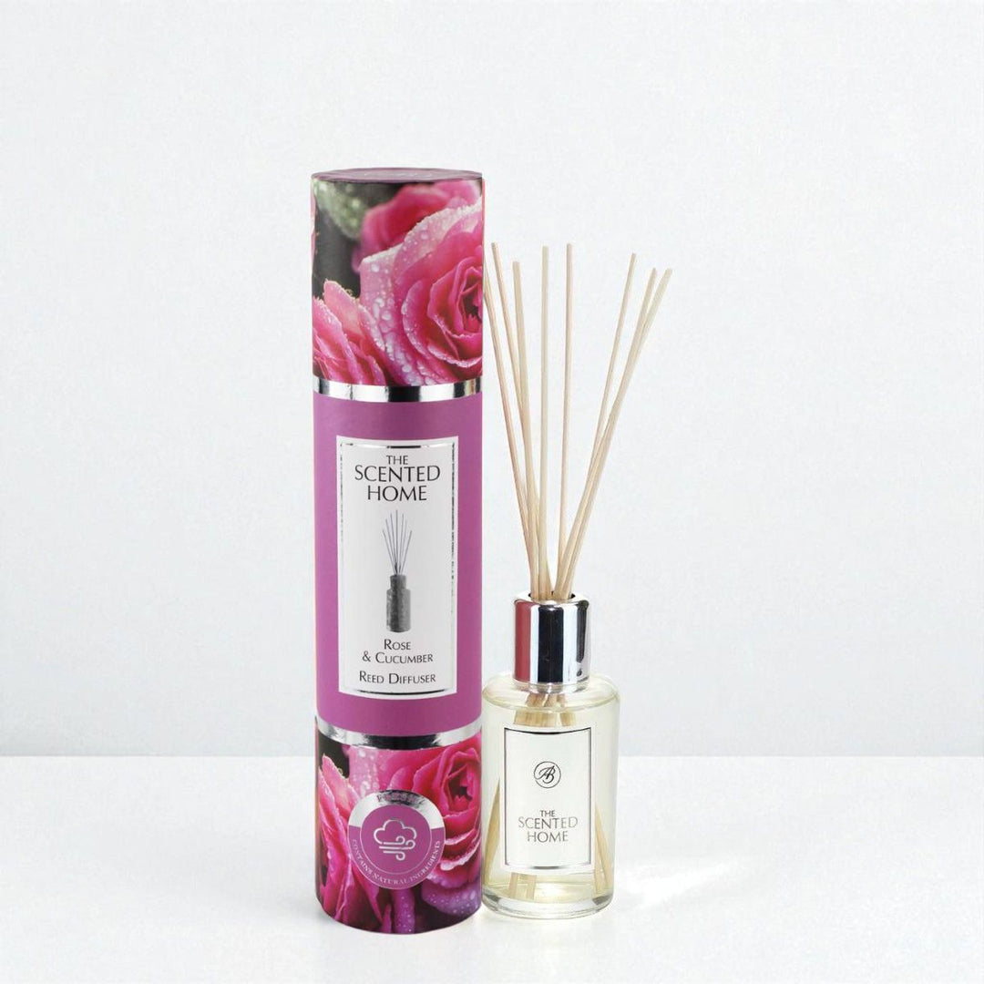 Cucumber & Rose Reed Diffuser against a white neutral background