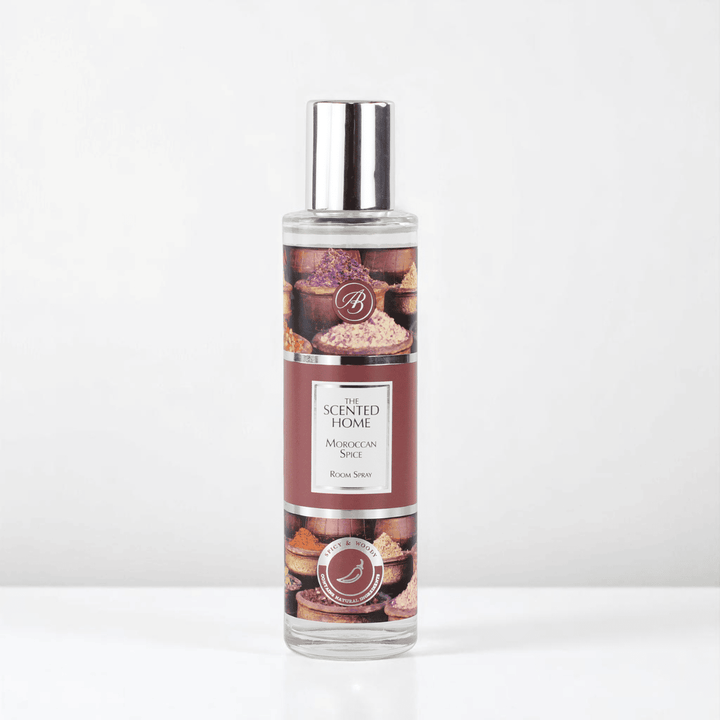 A bottle of Moroccan Spice Room Spray against a white neutral background