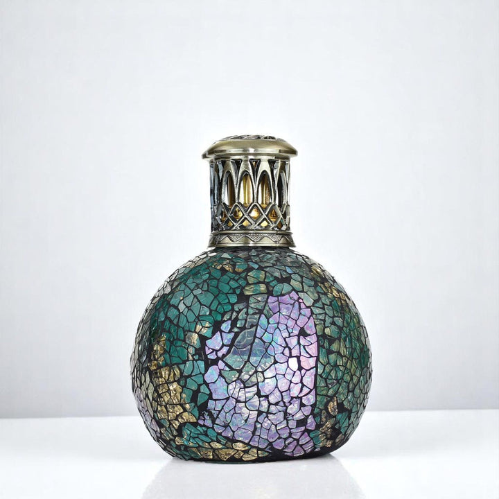 Peacock Feather Fragrance lamp against a white neutral background