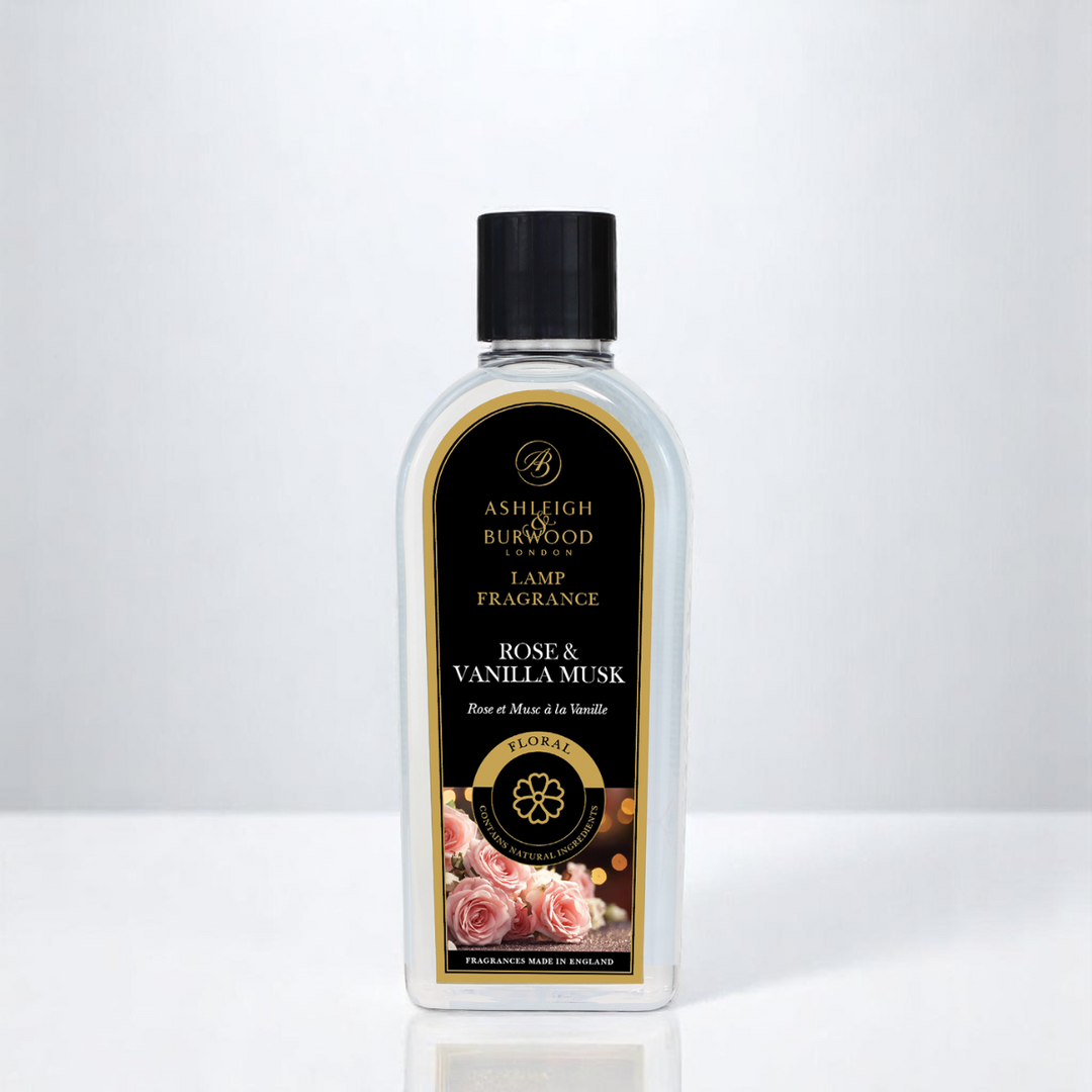 Bottle of Ashleigh & Burwood lamp fragrance with a black and gold label on a white background