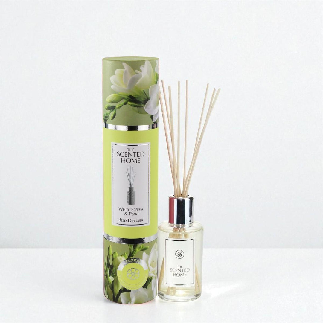 White Freesia & Pear Reed Diffuser against a white neutral background