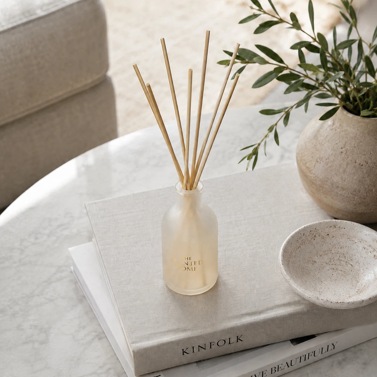 Diffuser with wooden sticks on a stack of books with a plant in the background