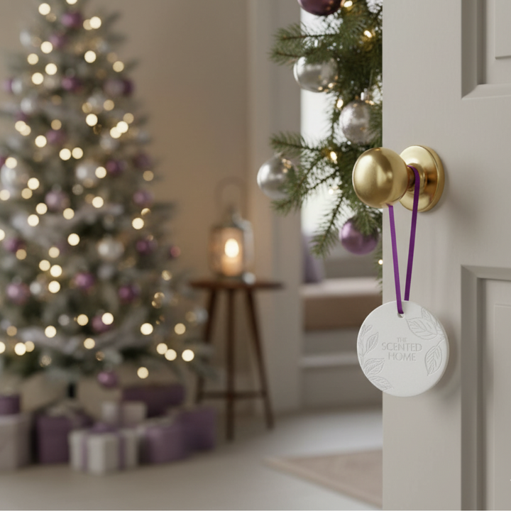 Decorative door knocker with a Christmas tree and gift box in the background