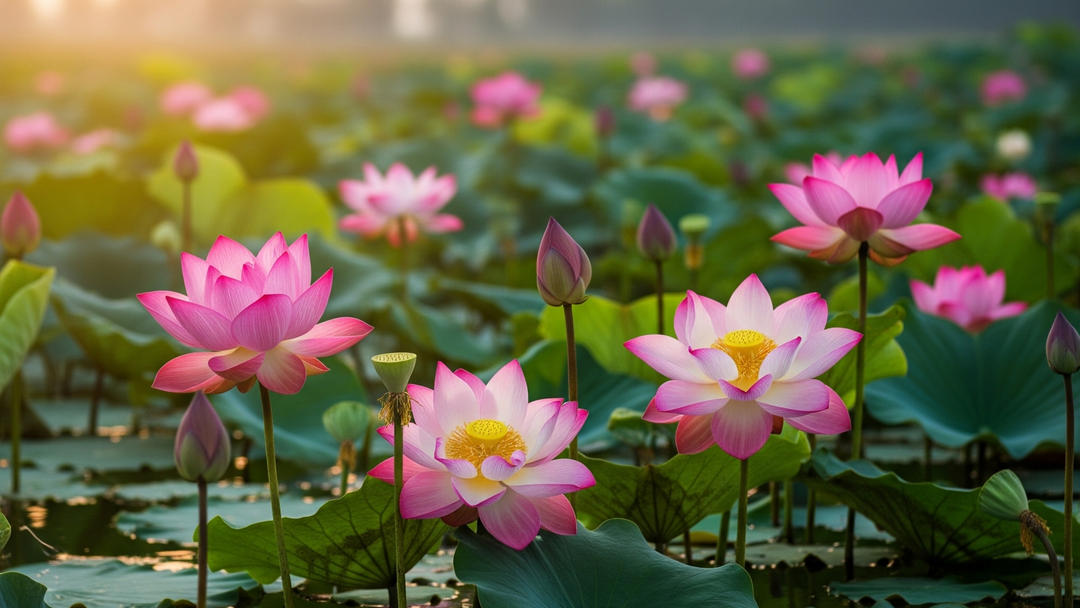 Pink lotus flowers against green leaves