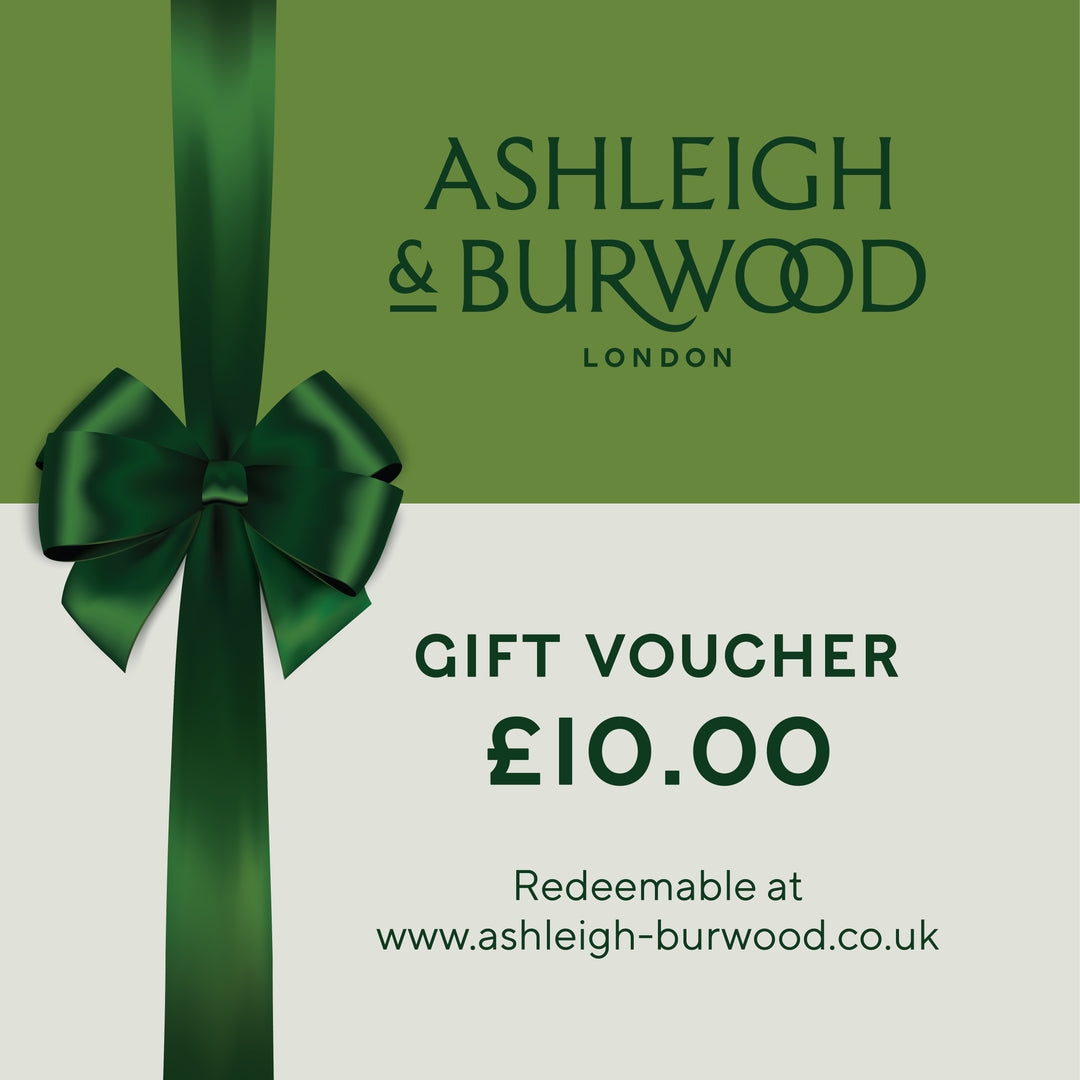 £10.00 Gift voucher for Ashleigh & Burwood London with a green ribbon on a green background