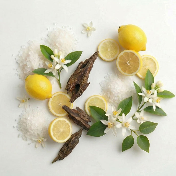 Decorative arrangement of lemons, green leaves, and flowers on a white background
