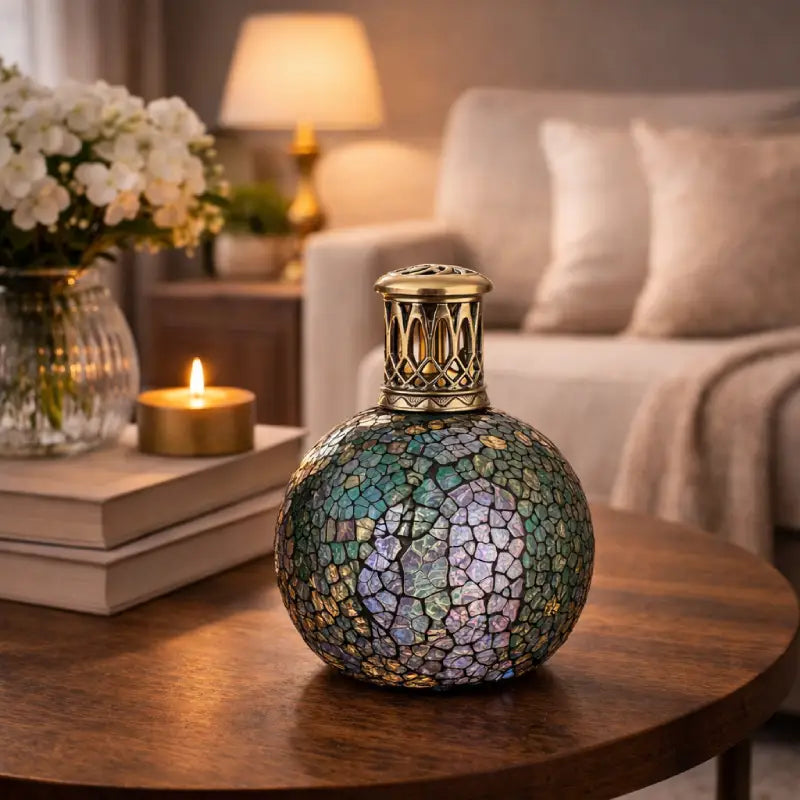 Decorative mosaic lamp on a wooden table with a cozy living room background