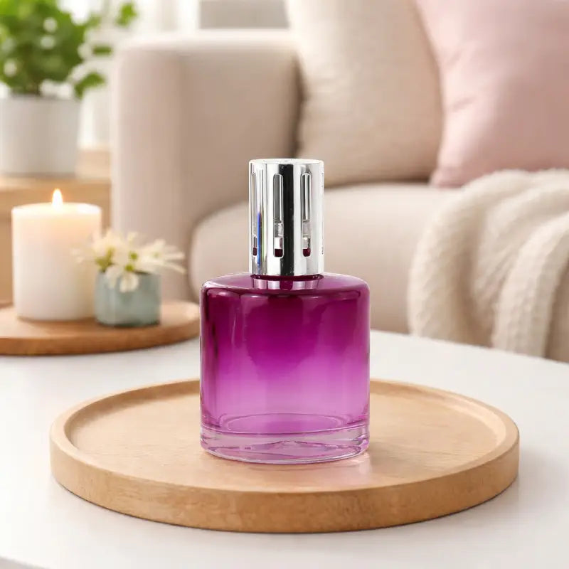 Purple perfume bottle on a wooden tray with a cozy living room background