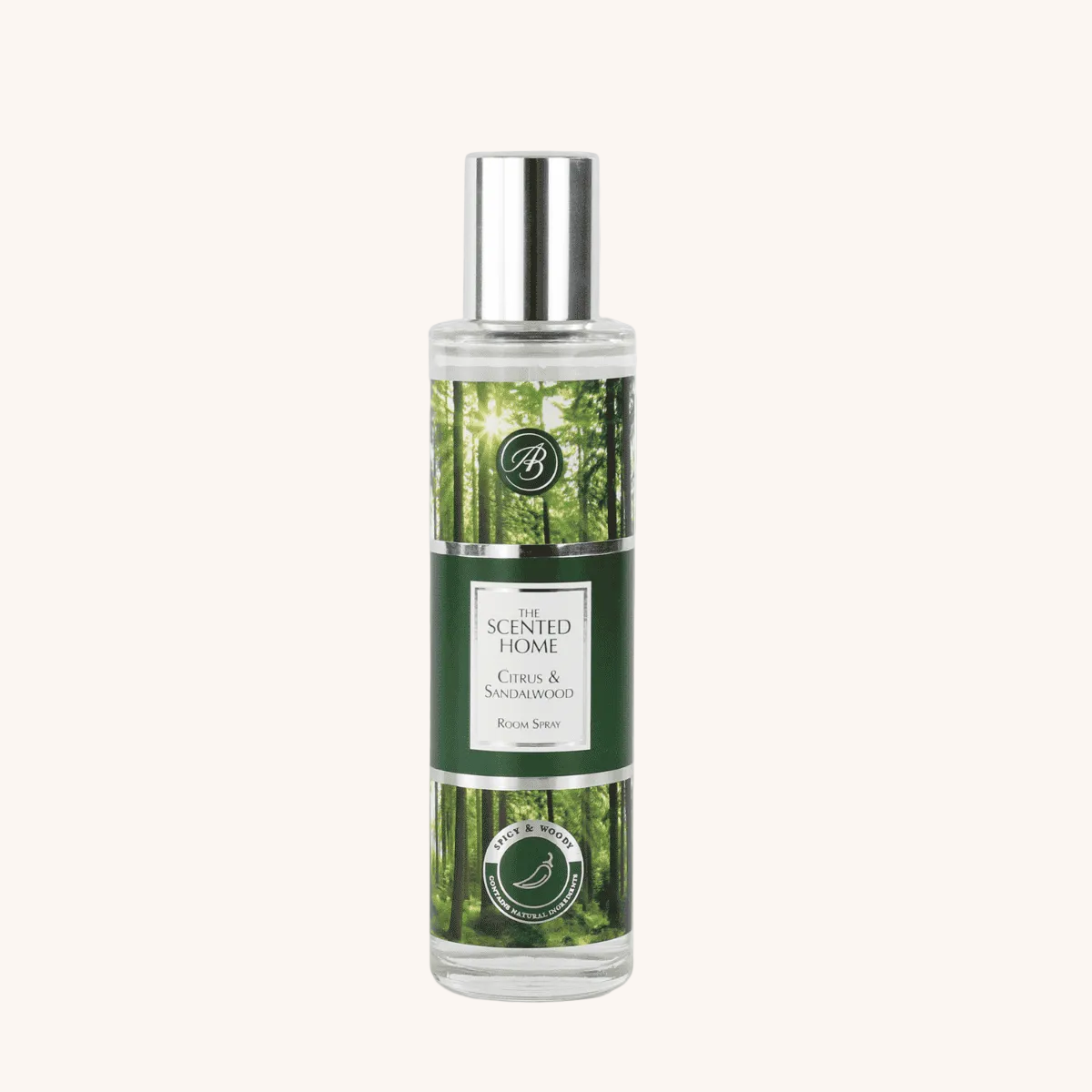 A bottle of Citrus & Sandalwood Room Spray against a white neutral background