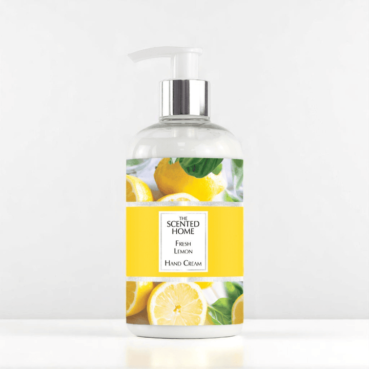 A bottle of Fresh Lemon Hand Cream against a white neutral background