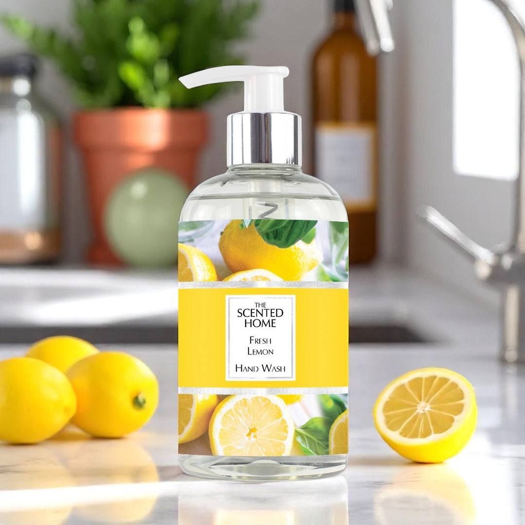 A bottle of Fresh Lemon Hand Wash in a kitchen setting next to a sliced lemon