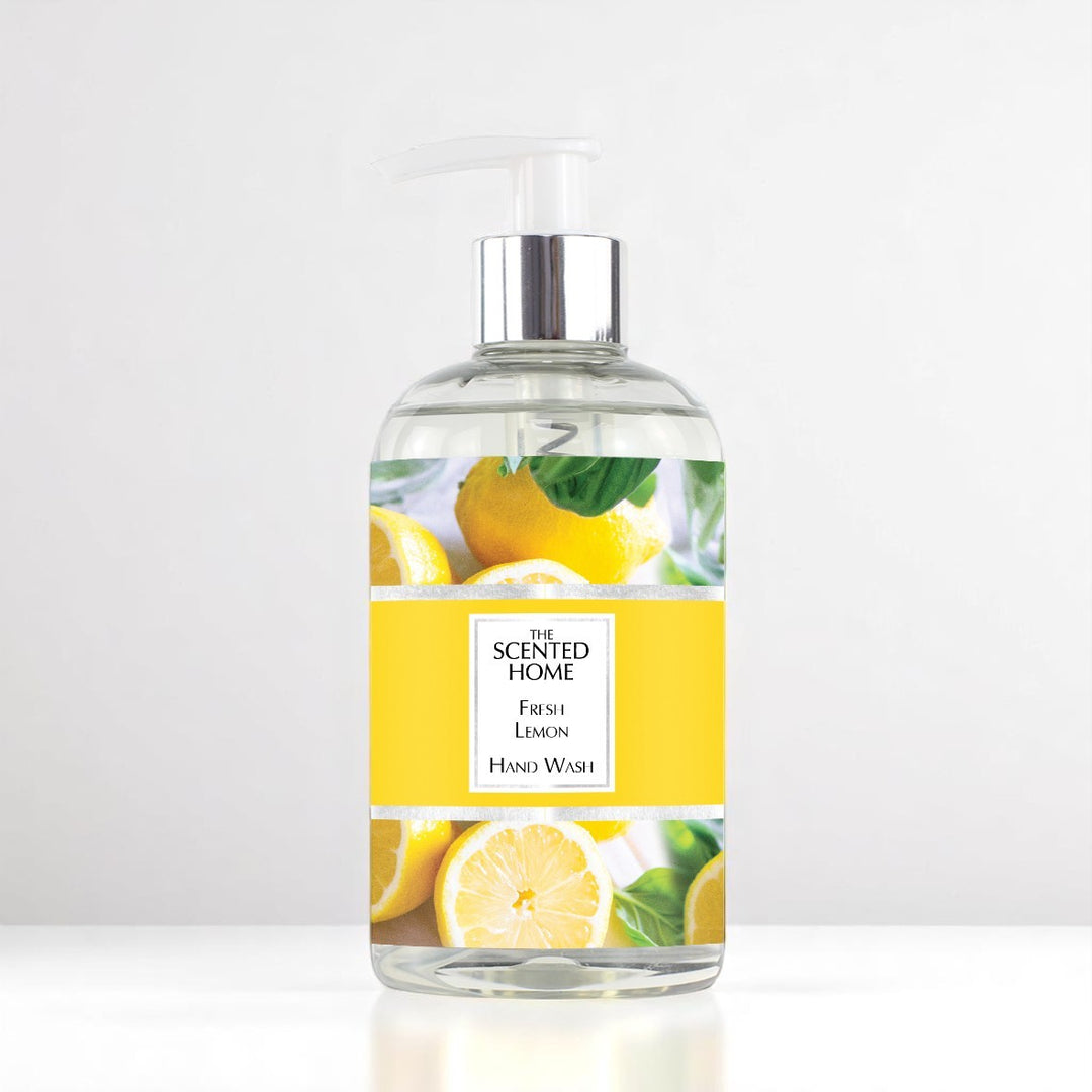 A bottle of Fresh Lemon Handwash against a white neutral background