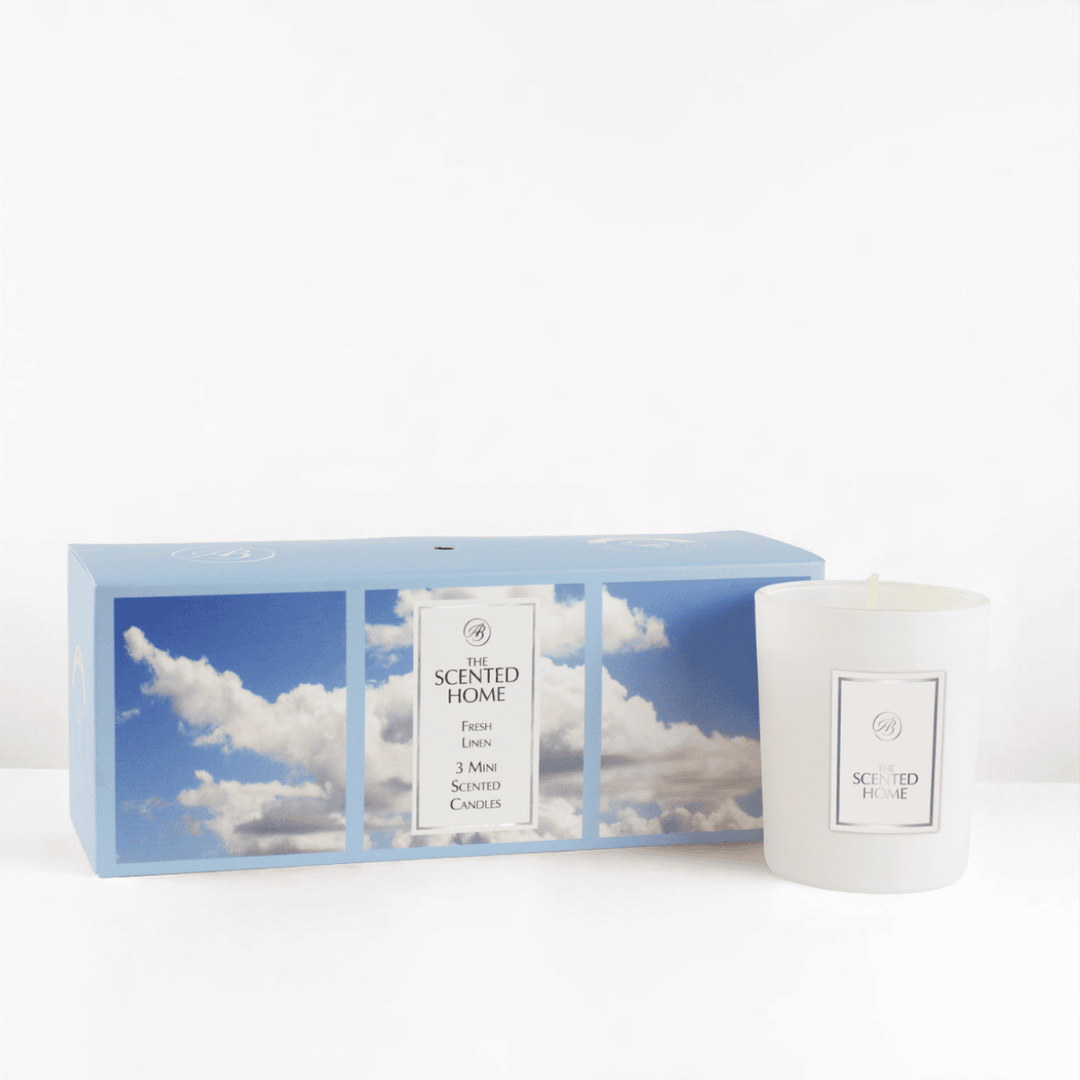 Fresh Linen Scented Candle Gift Set against a white neutral background
