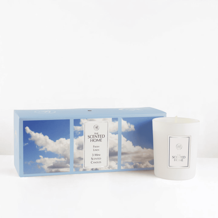 Fresh Linen Scented Candle Gift Set against a white neutral background