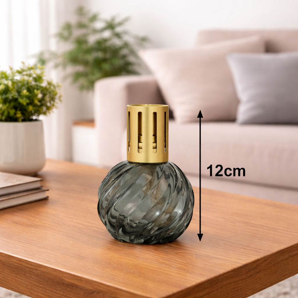 Grey Spiral Glass Fragrance Lamp on a wooden table with the measurement shown