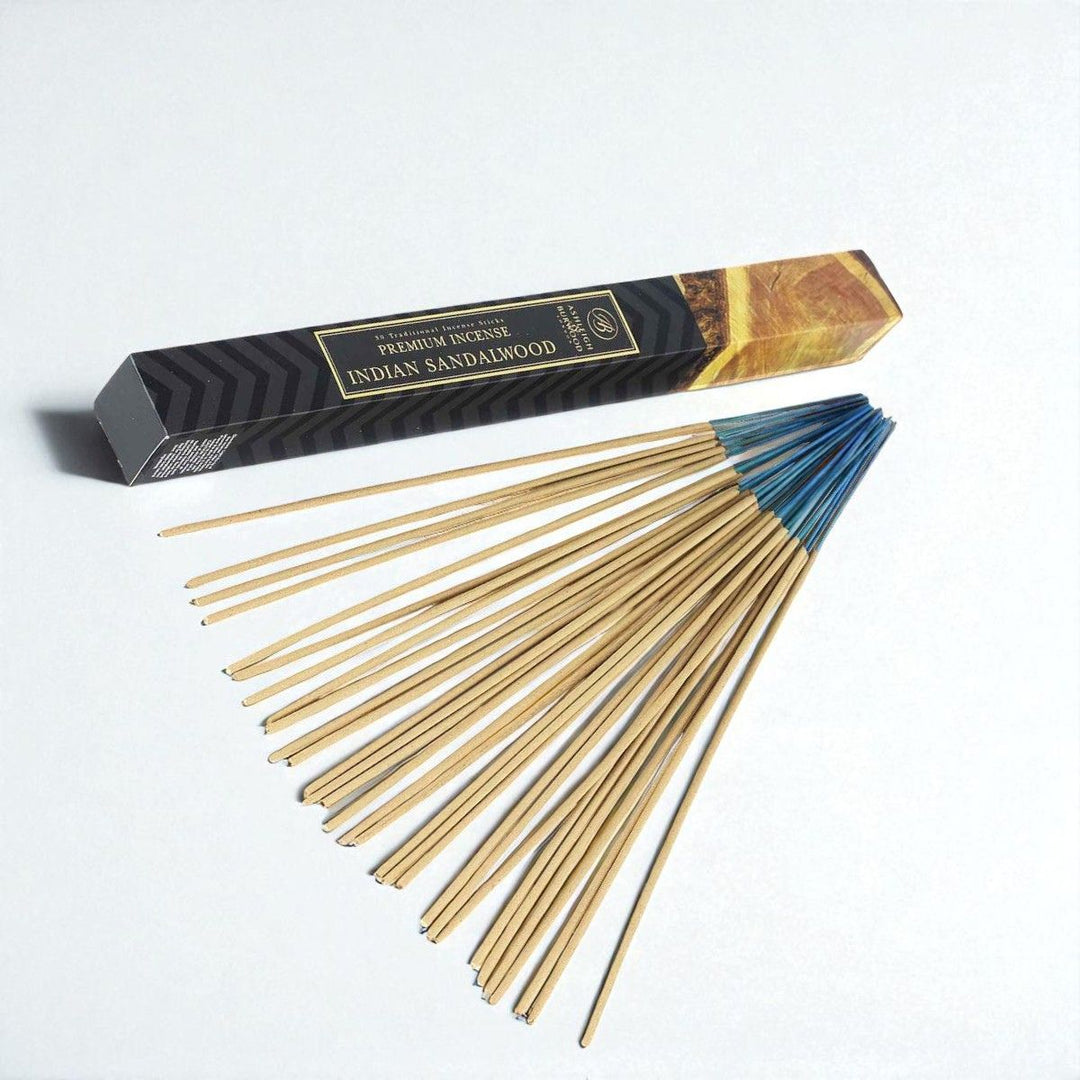 Indian Sandalwood Incense against a white neutral background