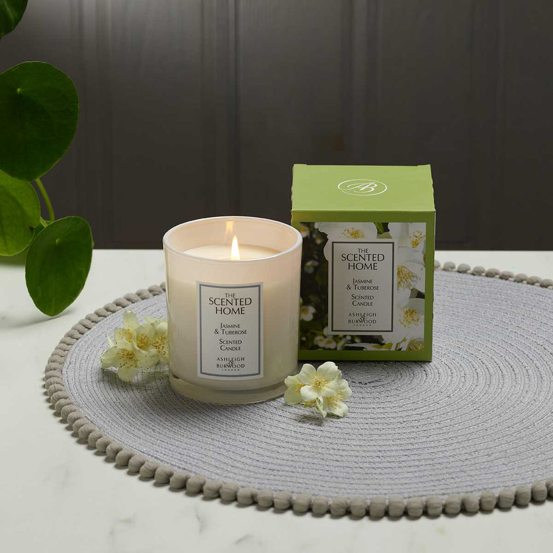 Jasmine & Tuberose Scented Jar Candle lit with candle box