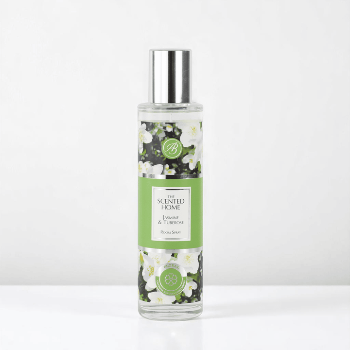 A bottle of Jasmine & Tuberose Room Spray against a white neutral background