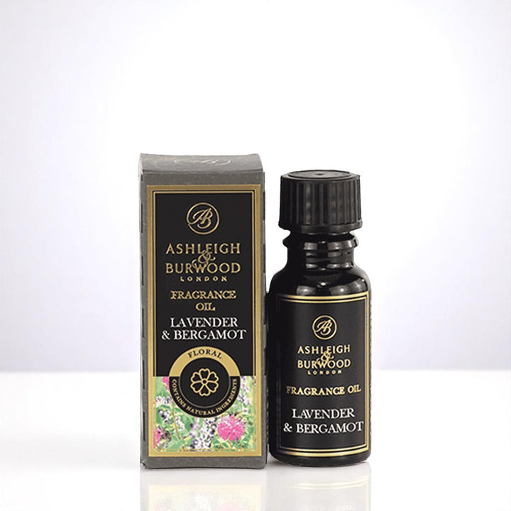 Lavender & Bergamot Fragrance Oil against a white neutral background