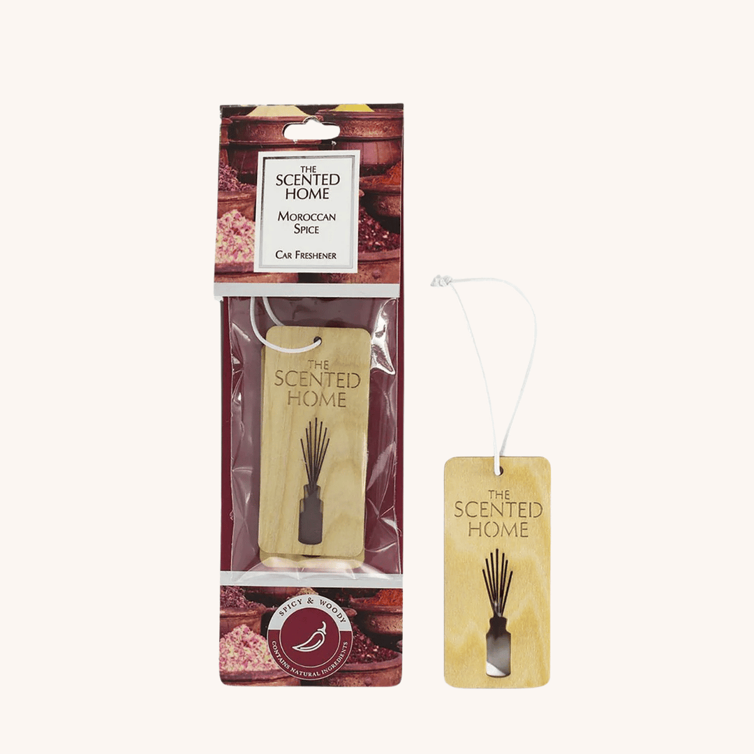 Moroccan Spice car freshener packaging from The Scented Home on a white background