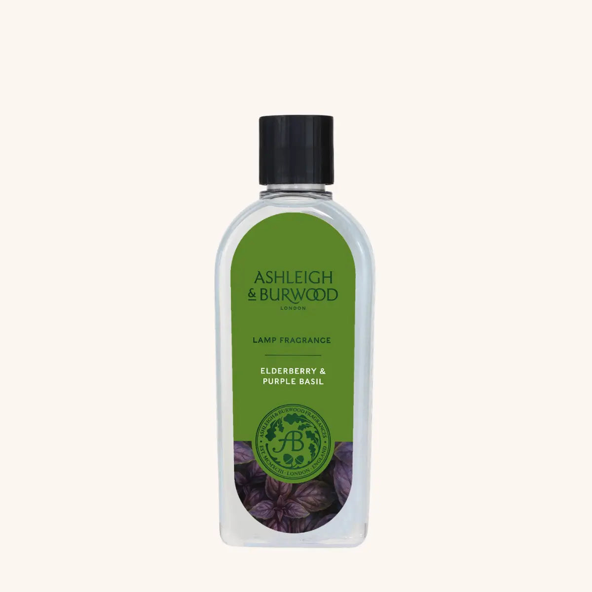 A bottle of Ashleigh & Burwood London Lamp Fragrance in Elderberry & Purple Basil scent, featuring a green label and black cap on a light cream background.