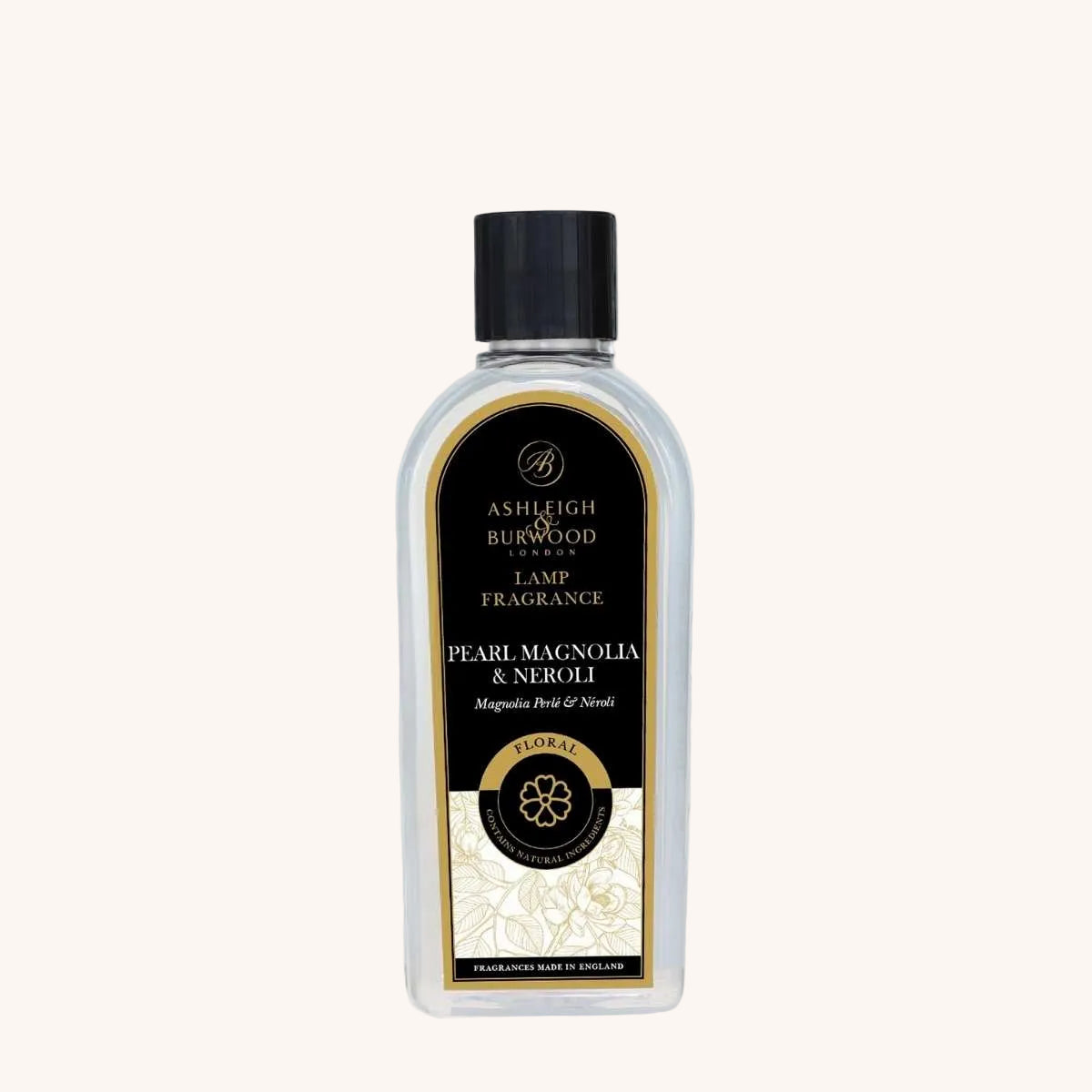 A bottle of Pearl & Magnolia Lamp Fragrance against a white neutral background