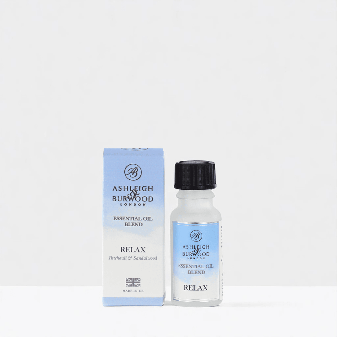 A bottle of Relax Fragrance Oil against a white neutral background