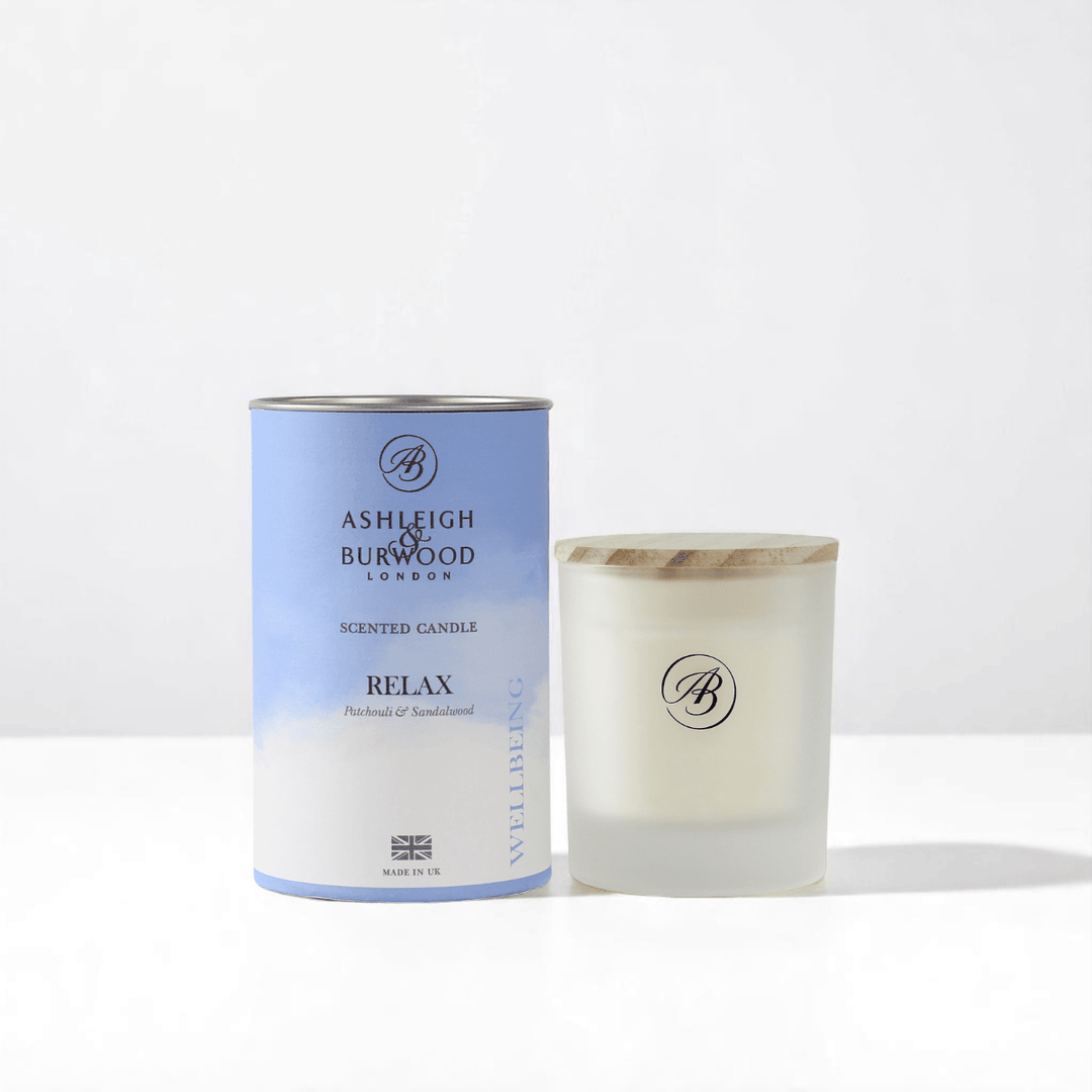 Relax Wellbeing Scented Candle against a white neutral background