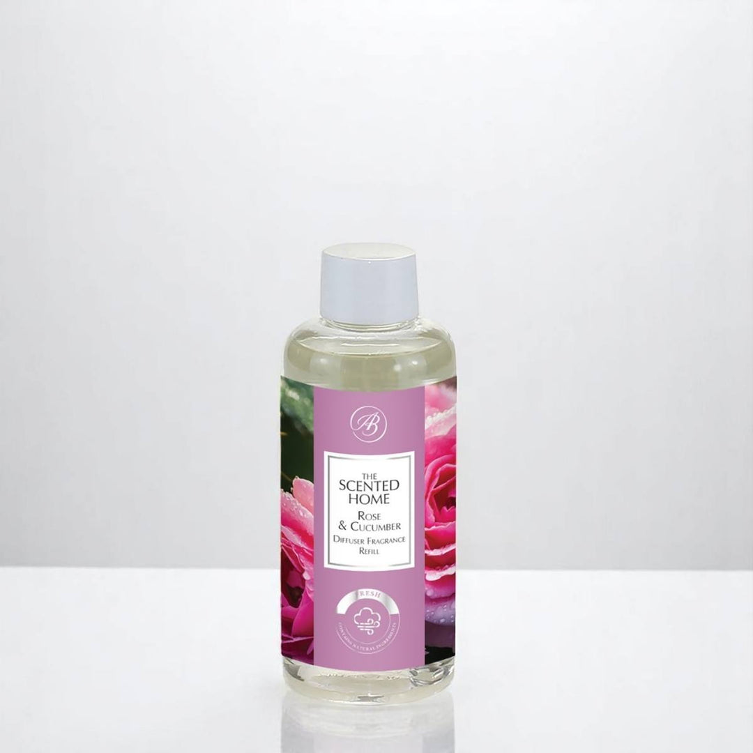 Our Rose & Cucumber Reed Diffuser Refill against a white neutral background