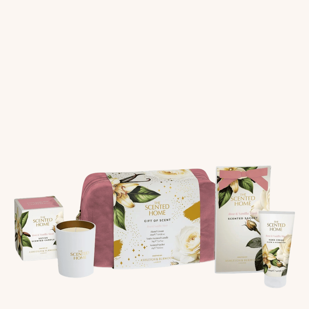 Rose & Vanilla Musk Home & Body Gift Set on a white background