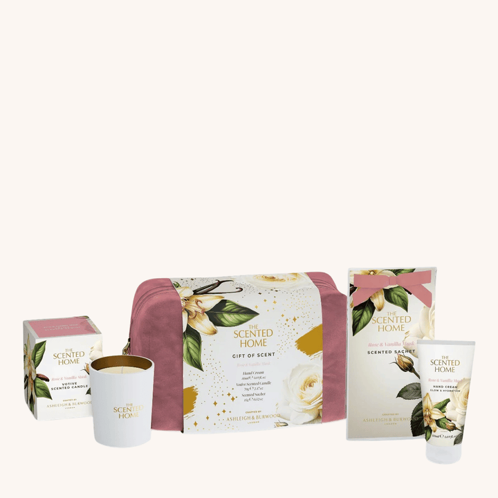 Rose &amp; Vanilla Musk Home &amp; Body Gift Set on a white background