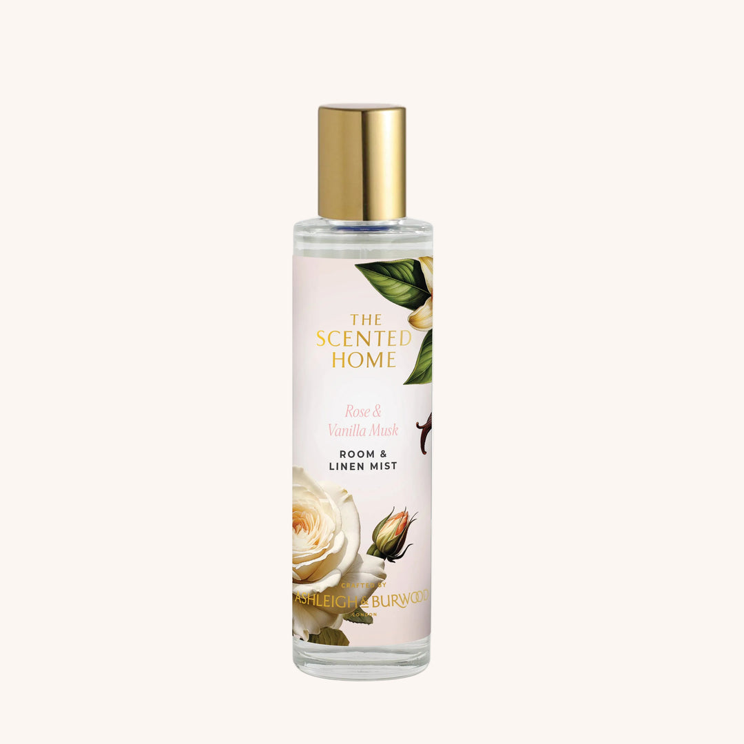 Rose & Vanilla Musk Room & Linen Mist on a white background