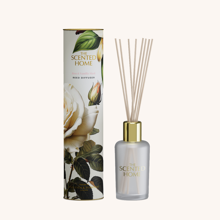 Rose &amp; Vanilla Musk Reed Diffuser on a white background
