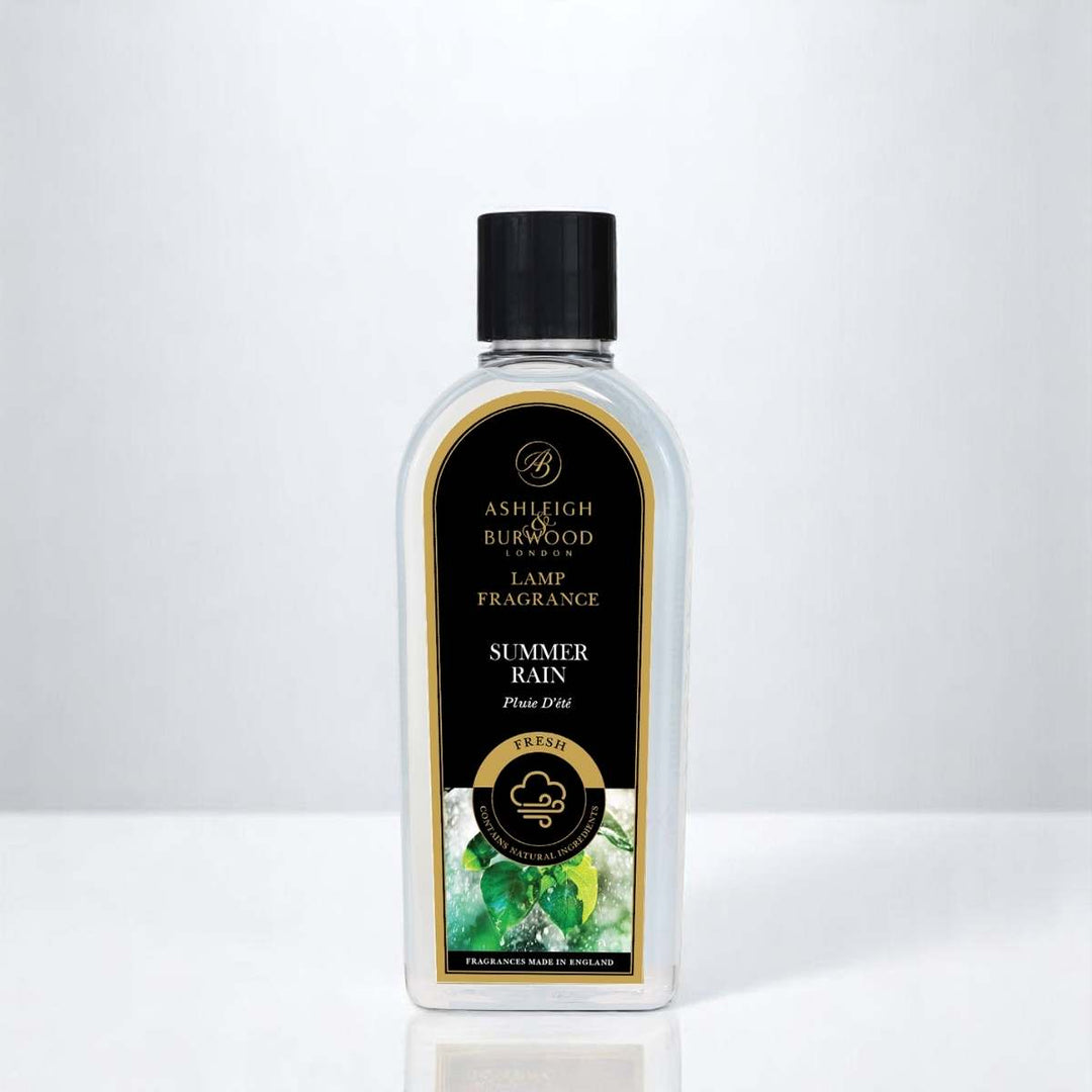 A bottle of Summer Rain Lamp Fragrance against a white neutral background