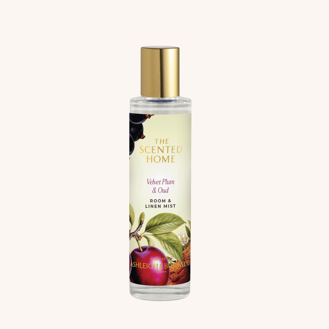 Velvet Plum & Oud Room & Linen Mist on a white background