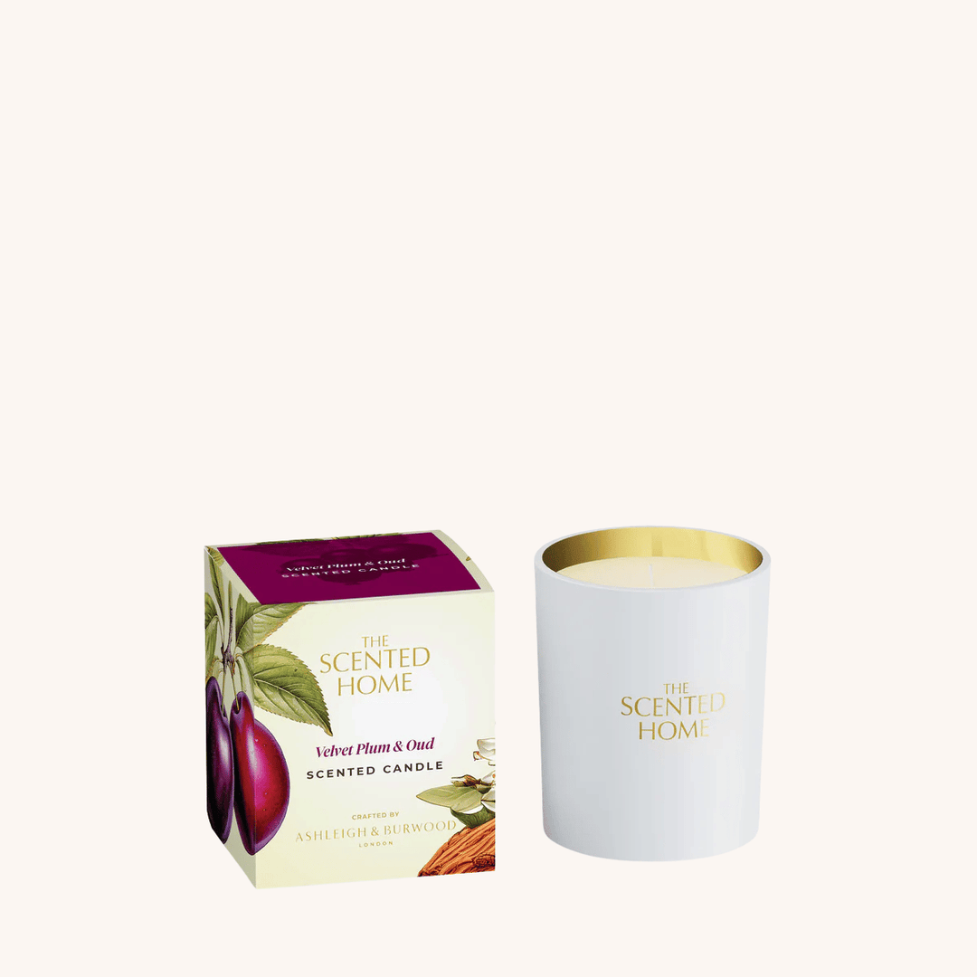 Velvet Plum & Oud Scented Candle on a white background