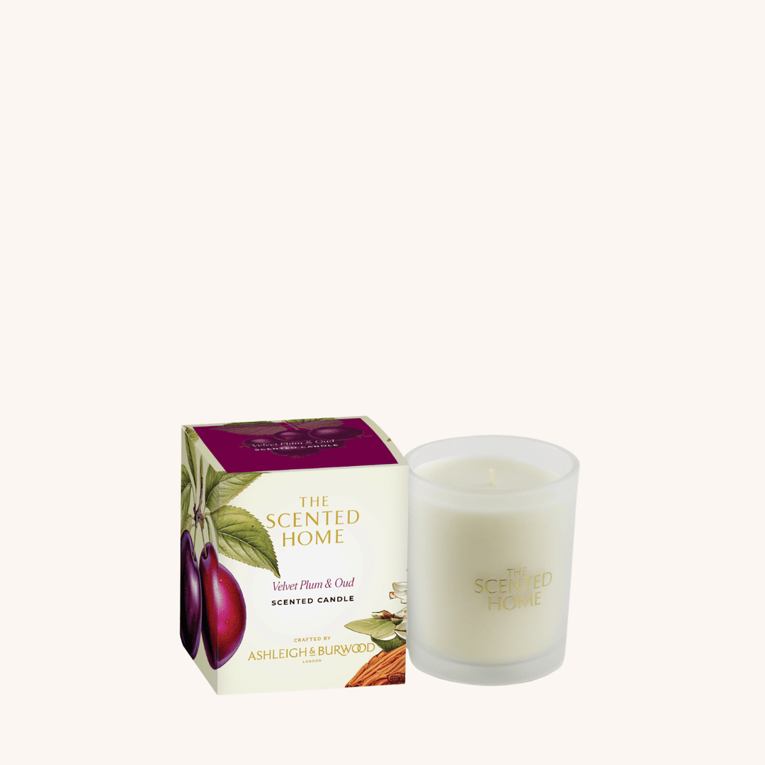 Velvet Plum & Oud Scented Jar Candle on a white background