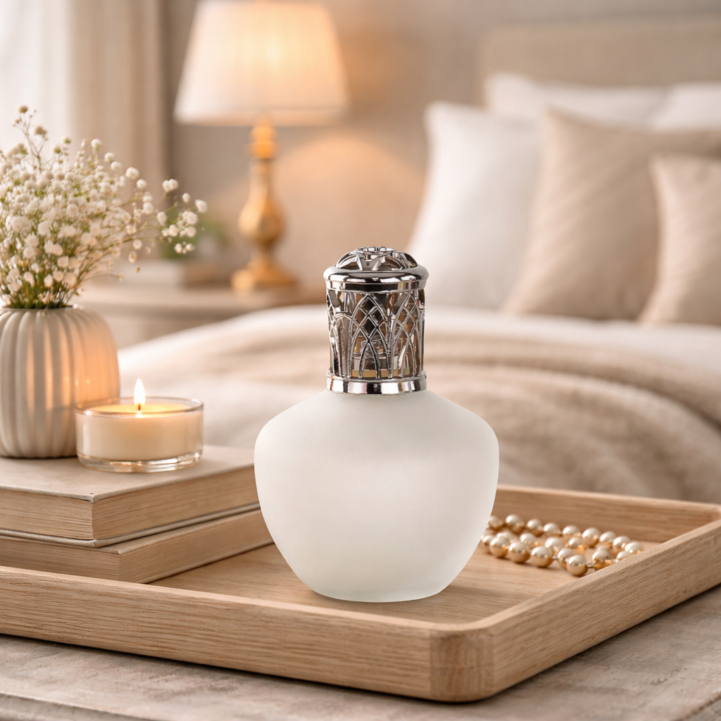 Decorative lamp on a wooden tray with a candle and flowers in a bedroom setting