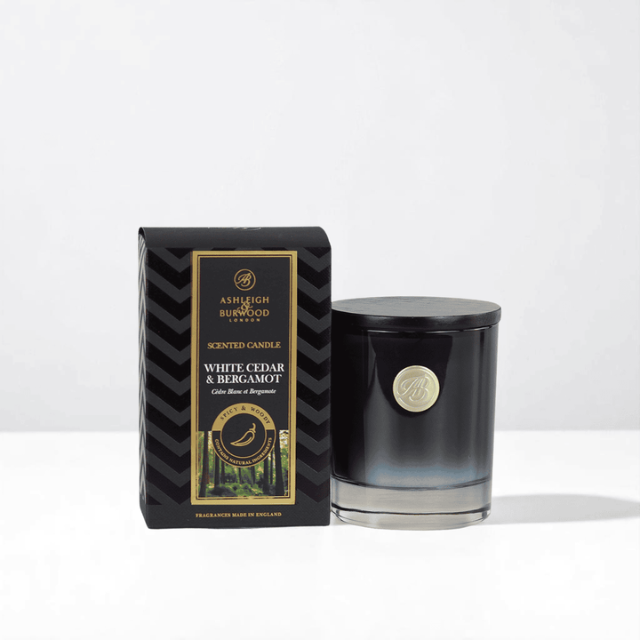 White Cedar & Bergamot Scented Candle against a white neutral background