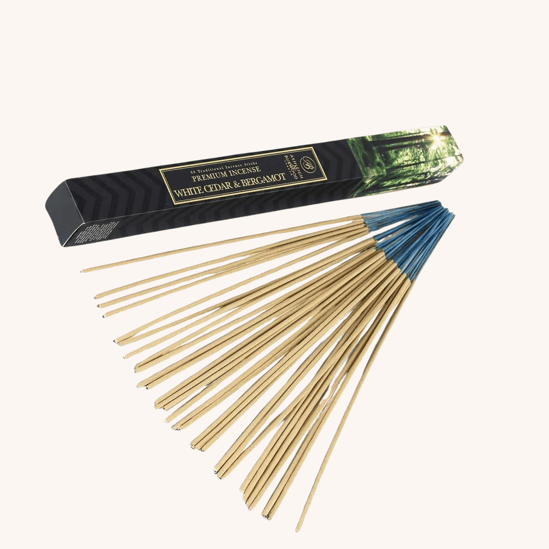 White Cedar & Bergamot Incense on a white background