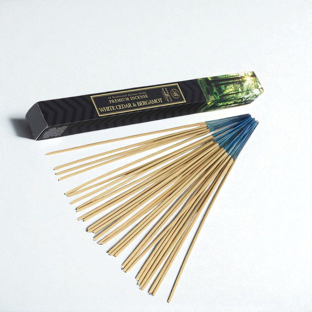White Cedar & Bergamot Incense against a white neutral background