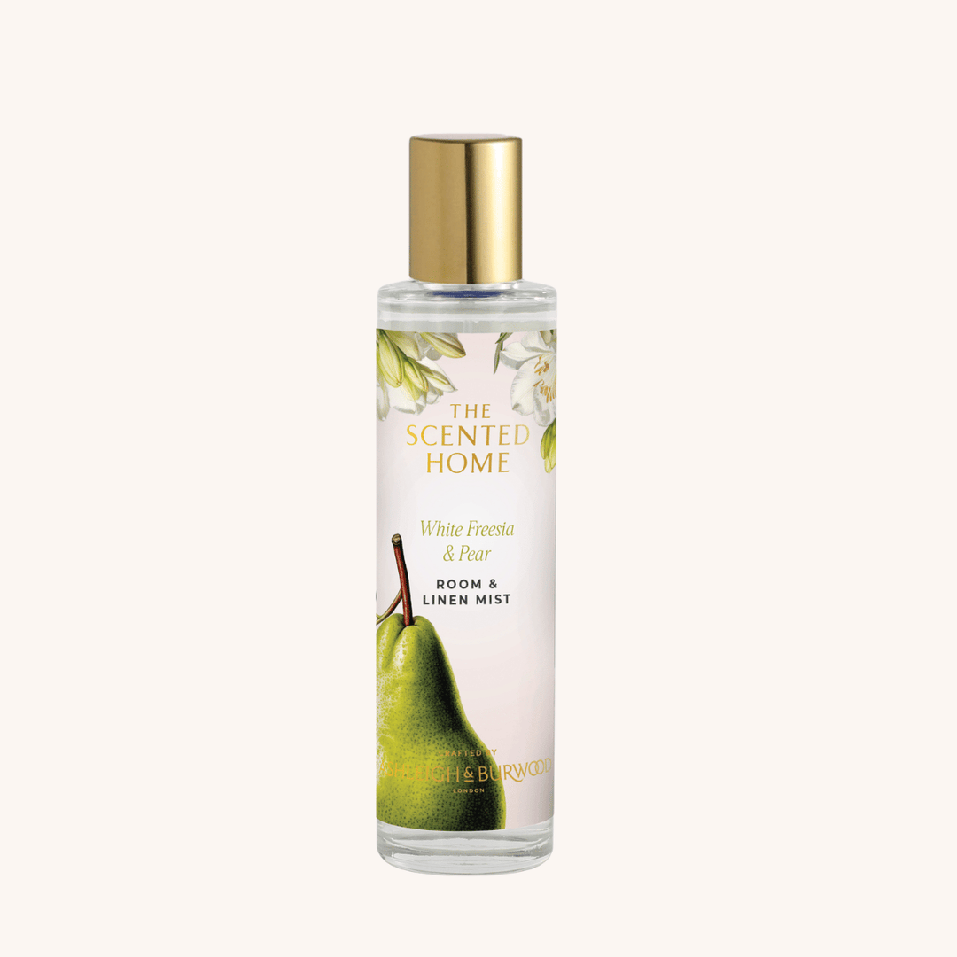 White Freesia & Pear Room & Linen Mist pm a white background