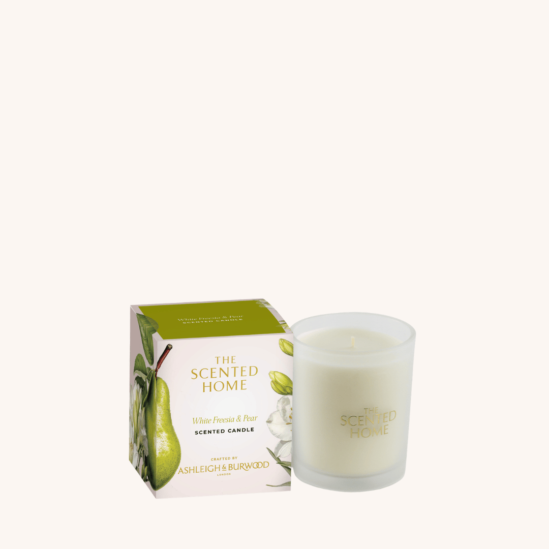 White Freesia & Pear Scented Jar Candle on a white background
