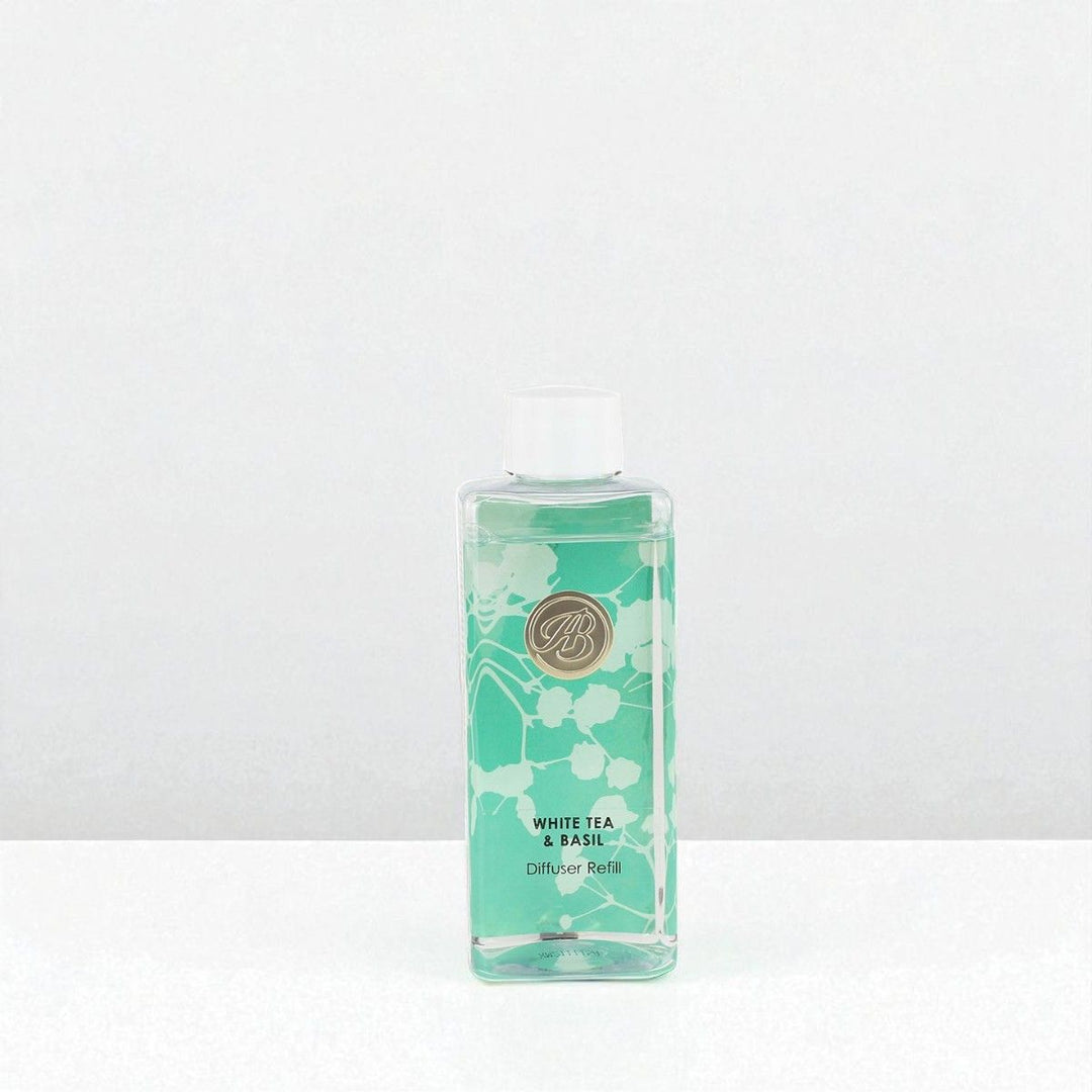 White Tea  Basil Reed Diffuser Refill against a white neutral background